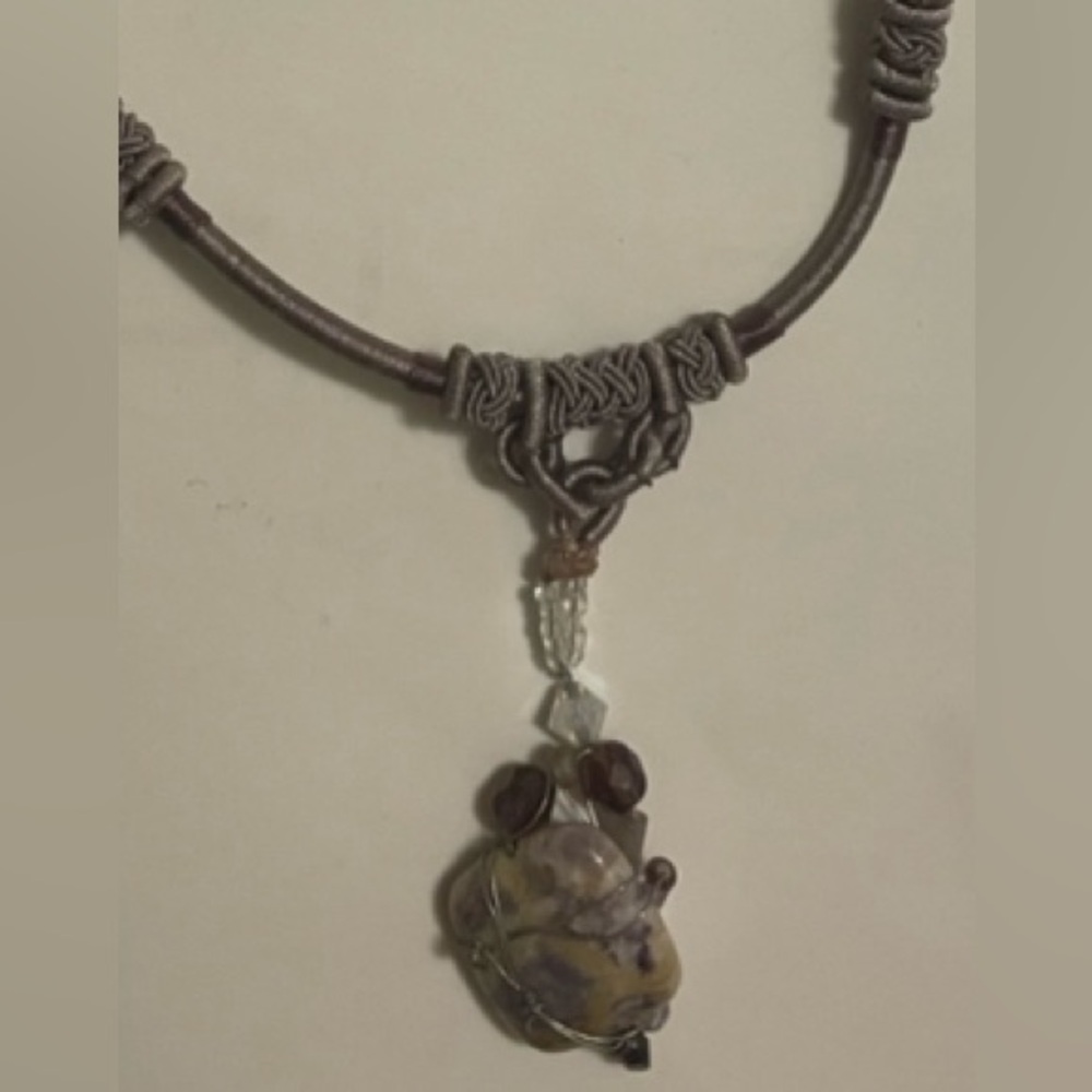 Necklace handcrafted, Purple stone with homemade bead and wrapped stone 11 1/2”